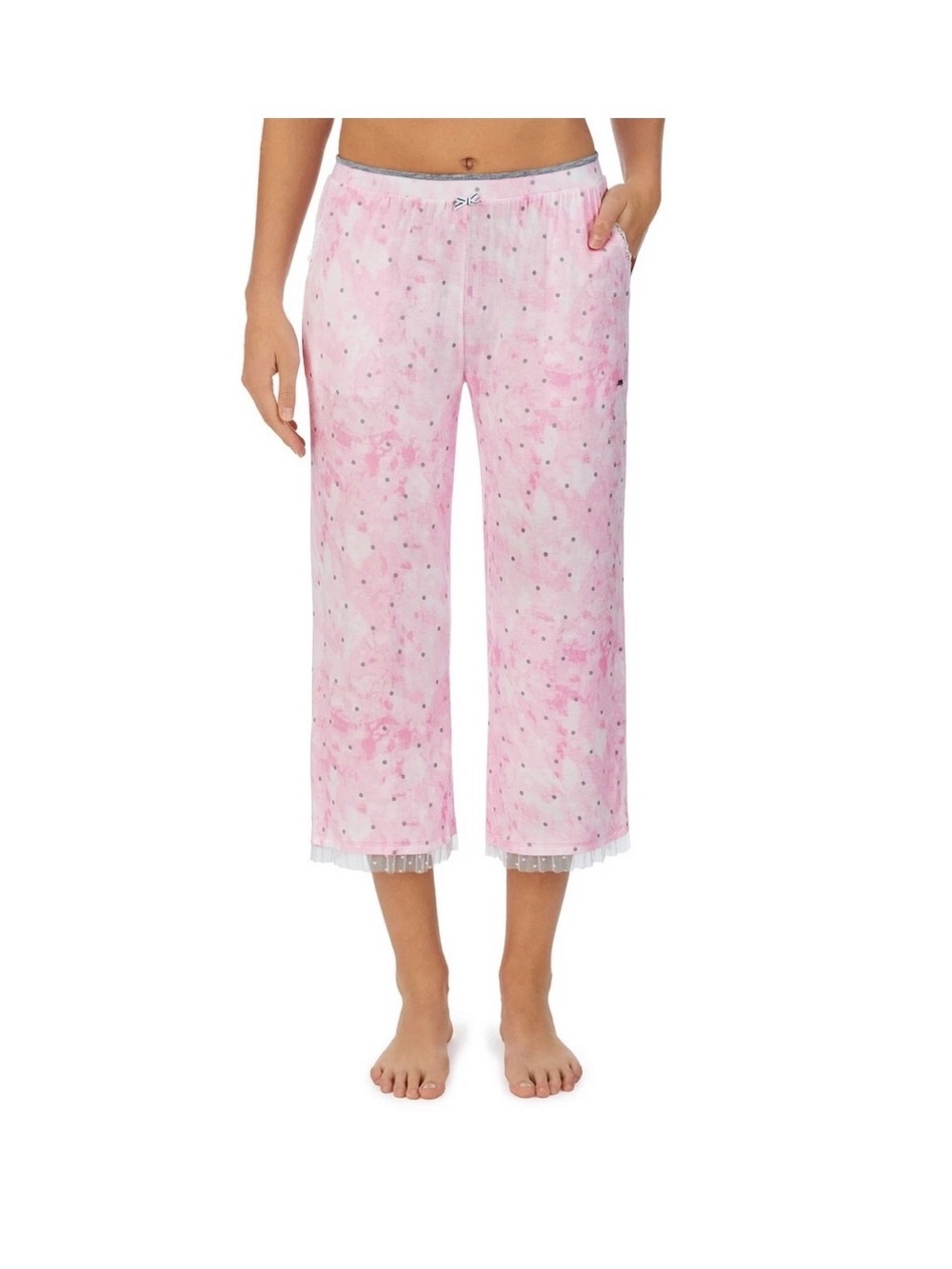 NWT Kensie Women's Pajama Cropped Capri Pant Pink Grey Polkadots Lace Small